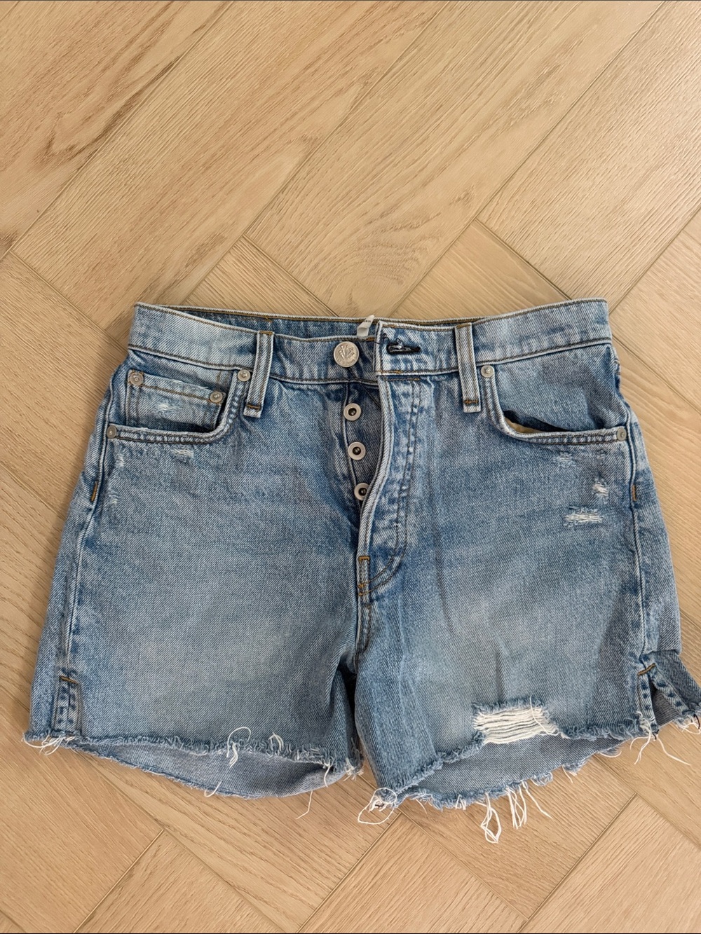 rag & bone Light Blue Distressed Button-Front Denim Shorts